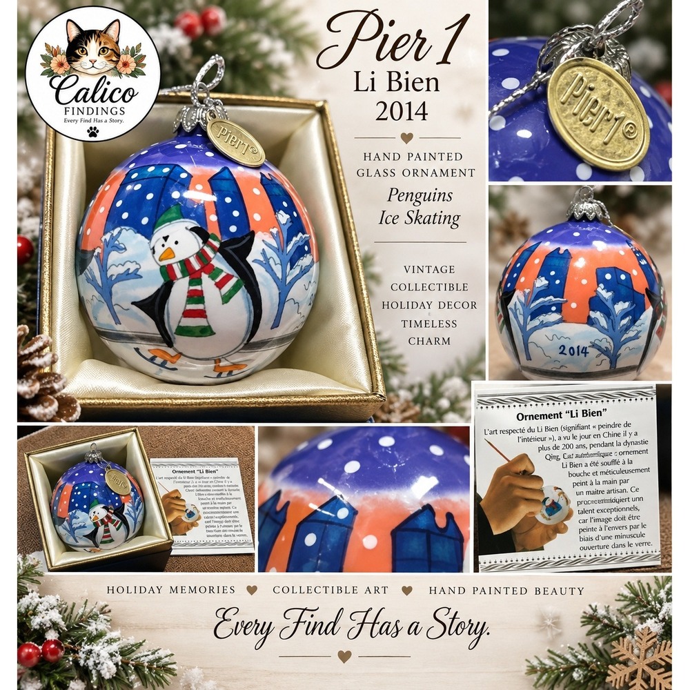 Pier 1 Li Bien 2014 Christmas Ornament Hand Painted Glass Penguins Ice Skating